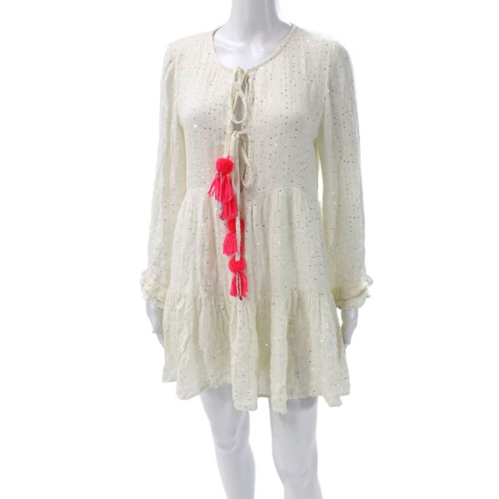Sundress Women Shift Dress White Sequin Long Sleeve Viscose Mini Size XS